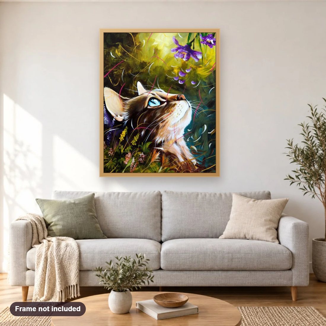 Cute Cat & Flower Petals diamond painting shown framed on a living room wall above a sofa