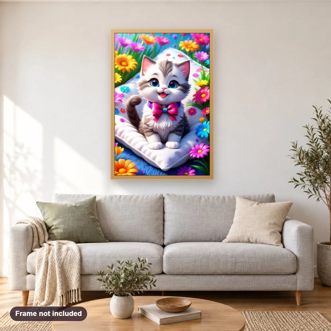 Cute Cat in Brightness Flower Blends diamond painting shown framed on a living room wall above a sofa