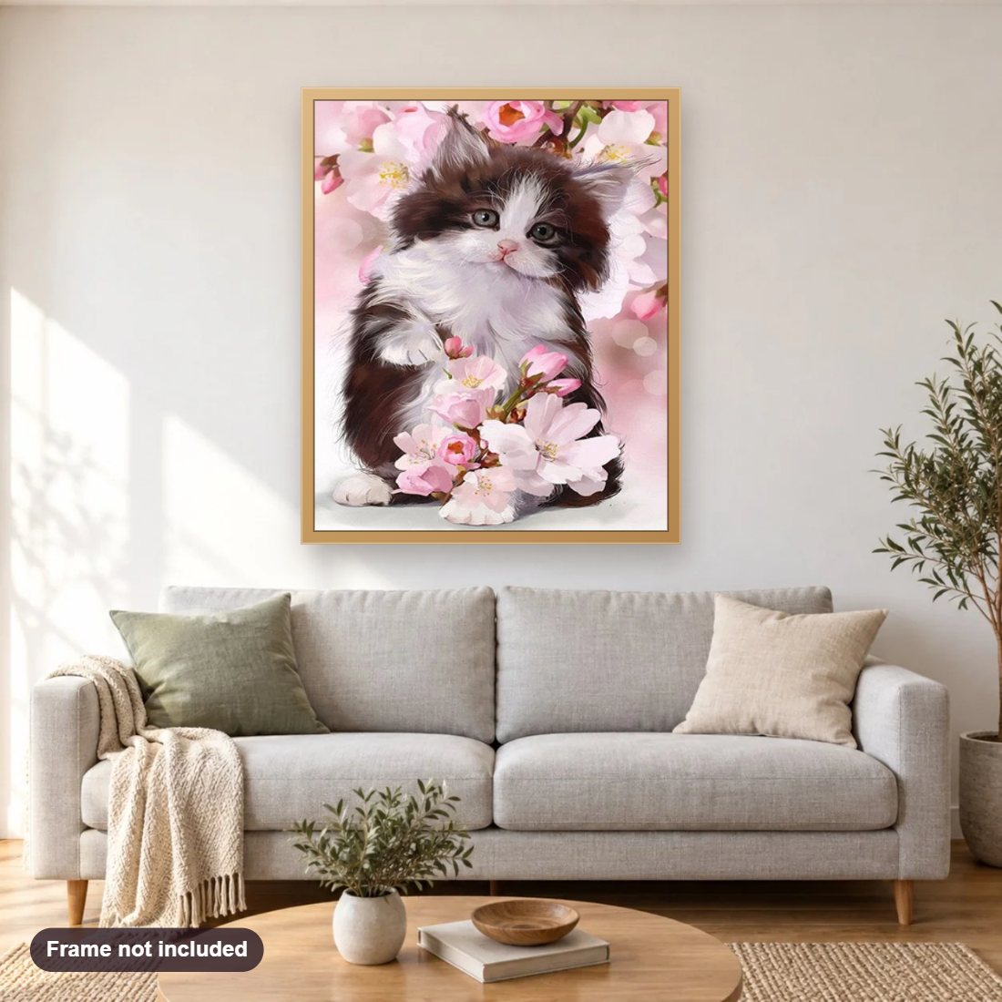 Cute Cat & Lovely Flowers diamond painting shown framed on a living room wall above a sofa