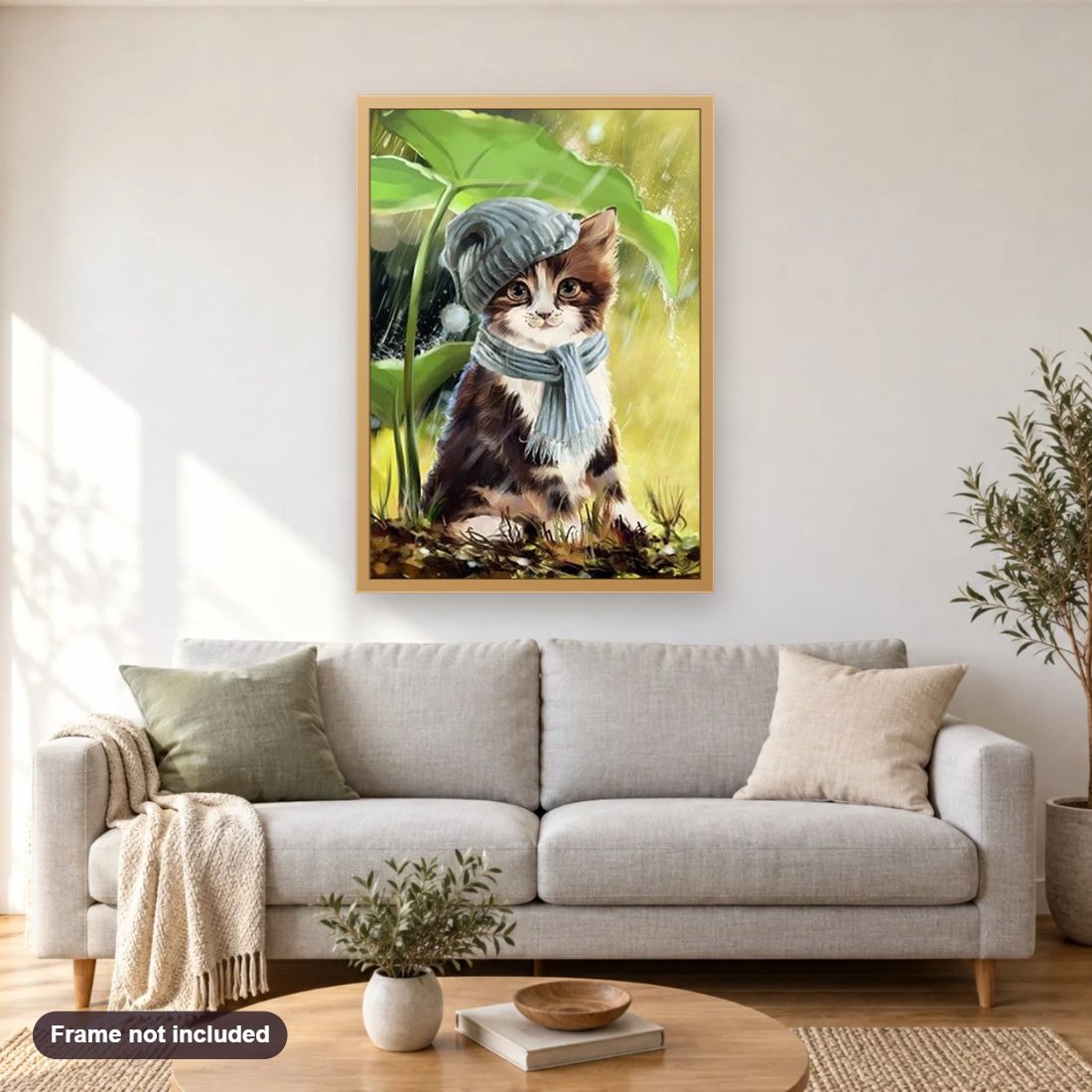 Cute Cat with Hat & Scarf diamond painting shown framed on a living room wall above a sofa