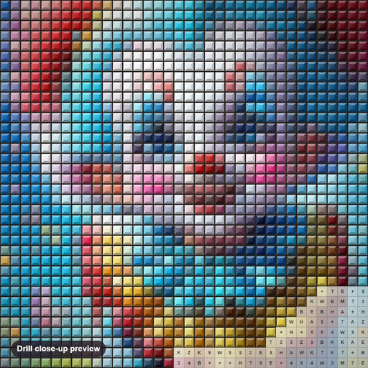 Close-up preview of the Cute Clown in Colorful Butteries Garden diamond painting with square 5D drills and printed canvas symbols