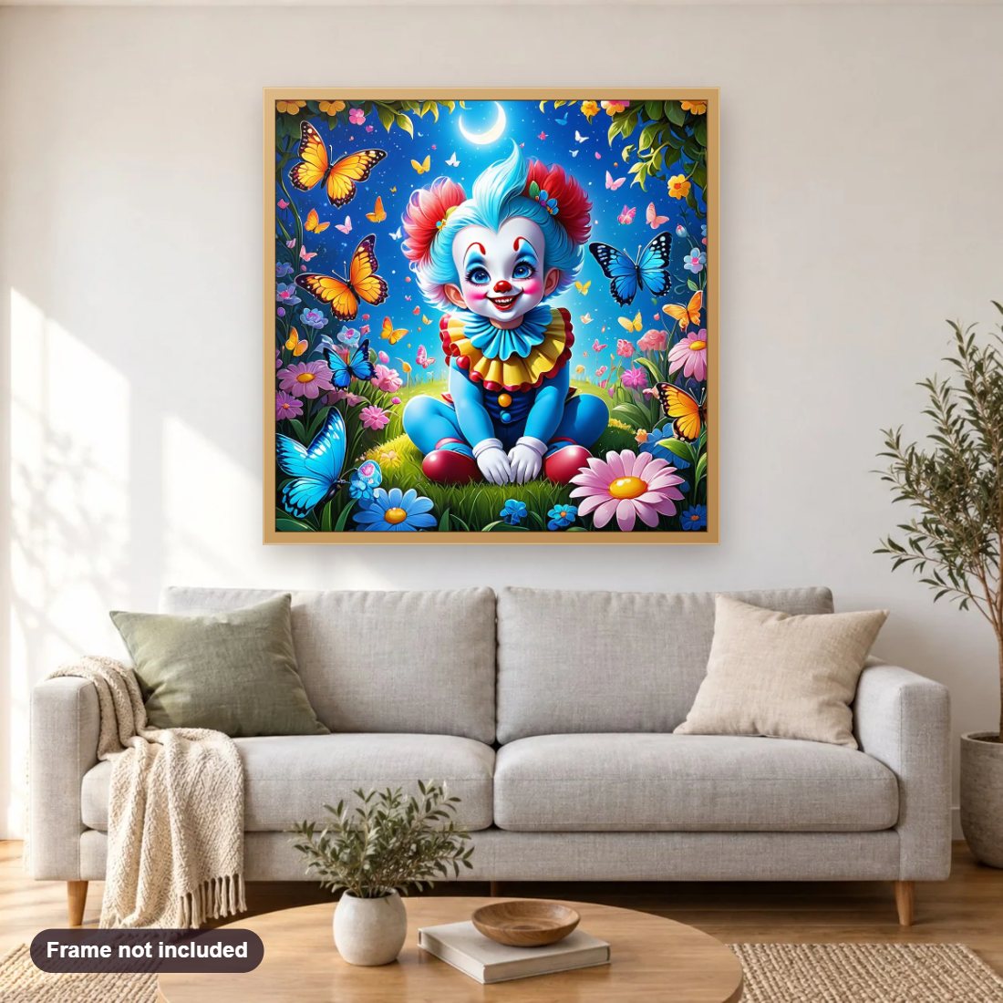 Cute Clown in Colorful Butteries Garden diamond painting shown framed on a living room wall above a sofa