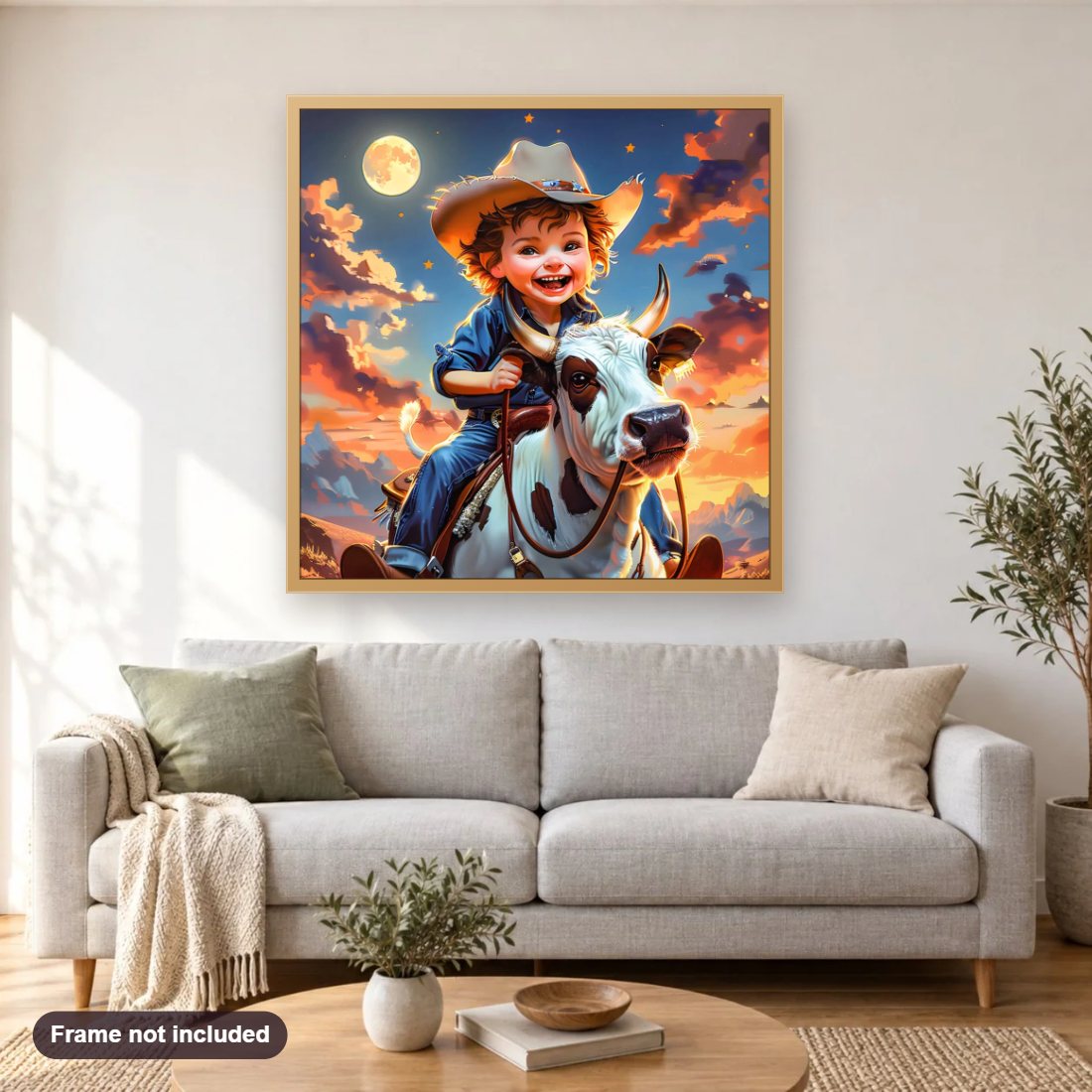 Cute Cow Rider diamond painting shown framed on a living room wall above a sofa