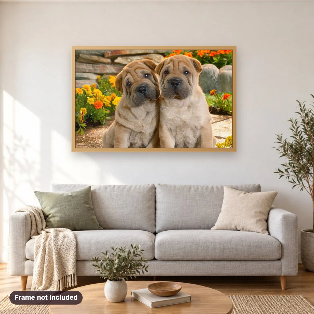 Cute Dog Pair diamond painting shown framed on a living room wall above a sofa