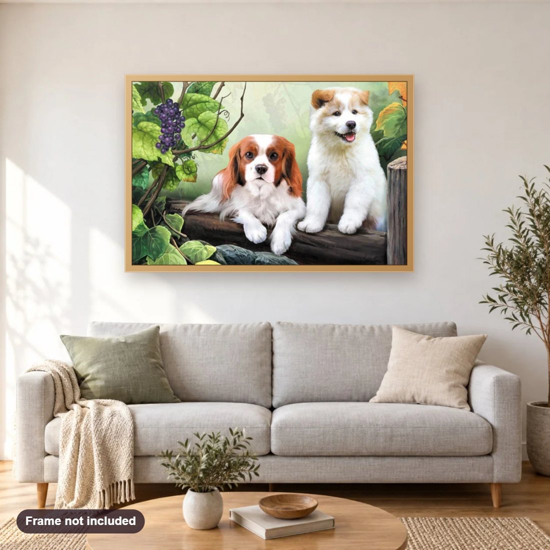 Cute Dogs & Bunch of Grapes diamond painting shown framed on a living room wall above a sofa