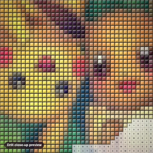Close-up preview of the Cute Eevee & Pikachu diamond painting with square 5D drills and printed canvas symbols