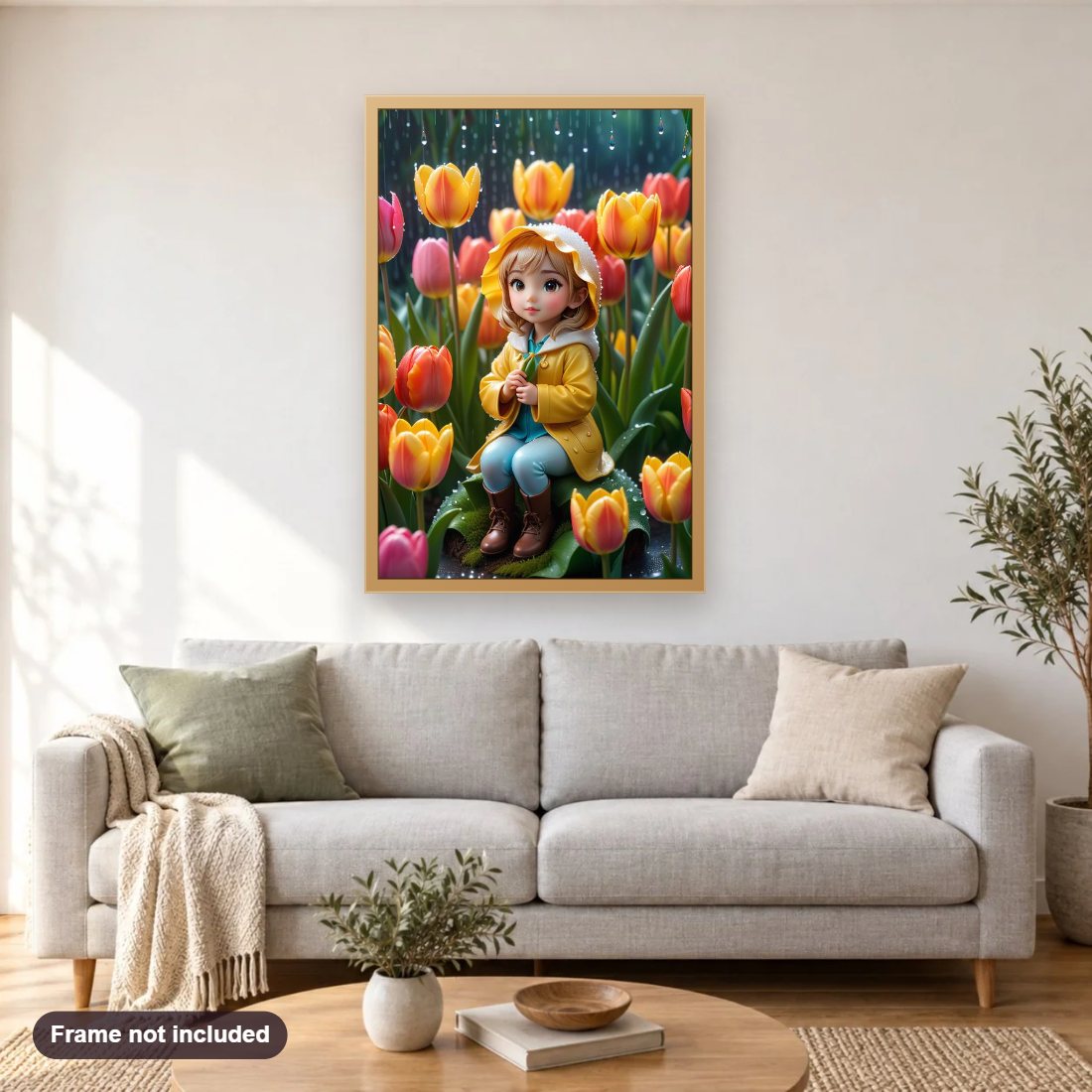 Cute Girl in a Tulip Garden diamond painting shown framed on a living room wall above a sofa