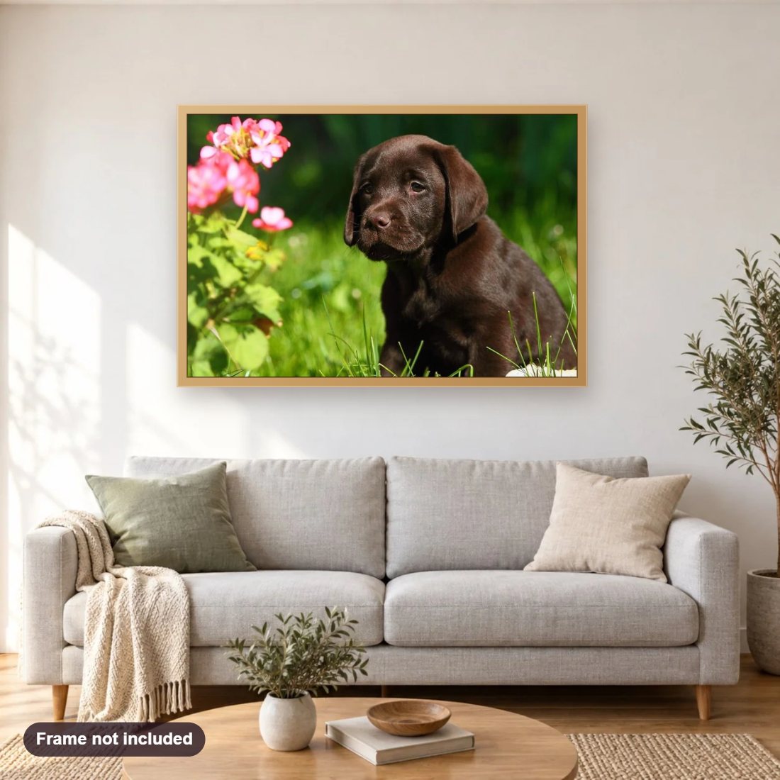 Cute Labrador Retriever Puppy diamond painting shown framed on a living room wall above a sofa