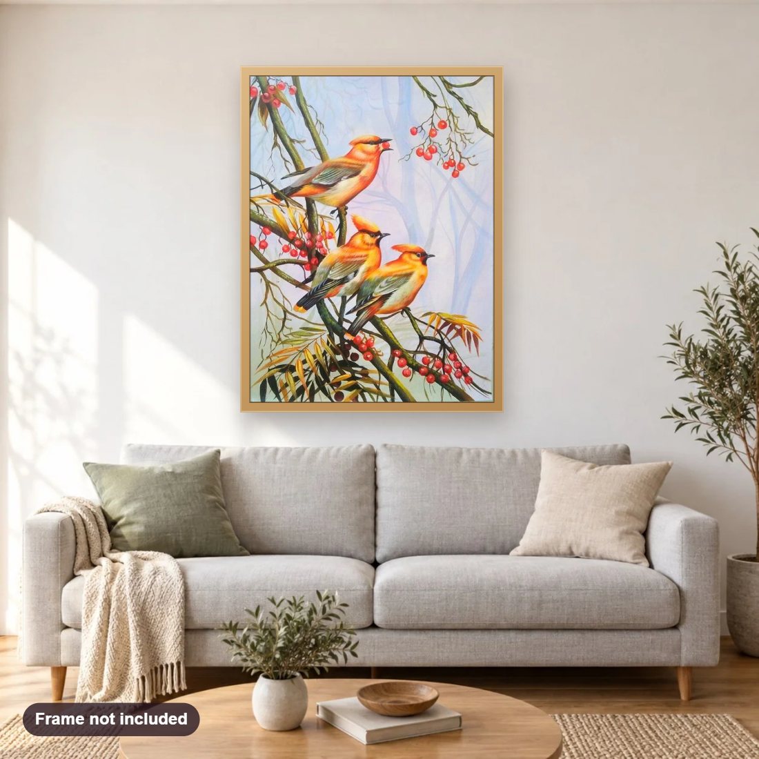 Cute Little Birds diamond painting shown framed on a living room wall above a sofa
