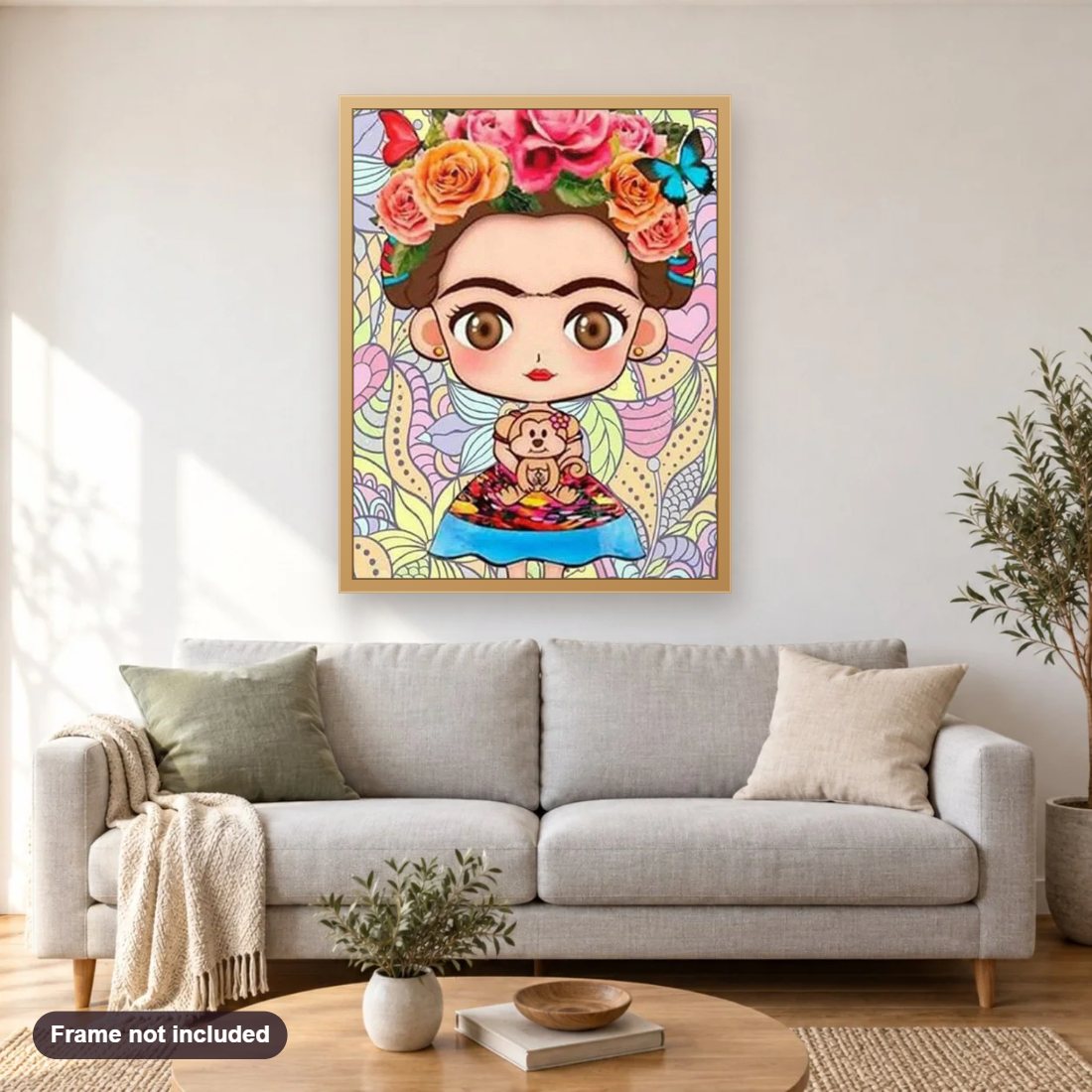Cute Little Cartoon Girl diamond painting shown framed on a living room wall above a sofa