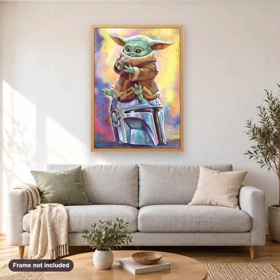 Cute Little Yoda diamond painting shown framed on a living room wall above a sofa
