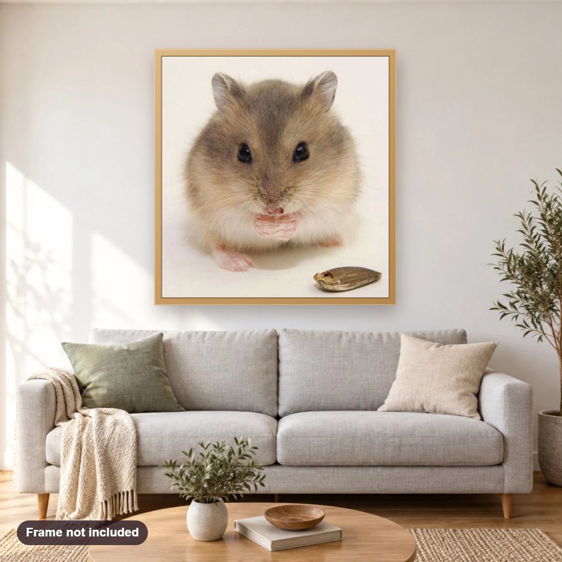 Cute Mouse diamond painting shown framed on a living room wall above a sofa