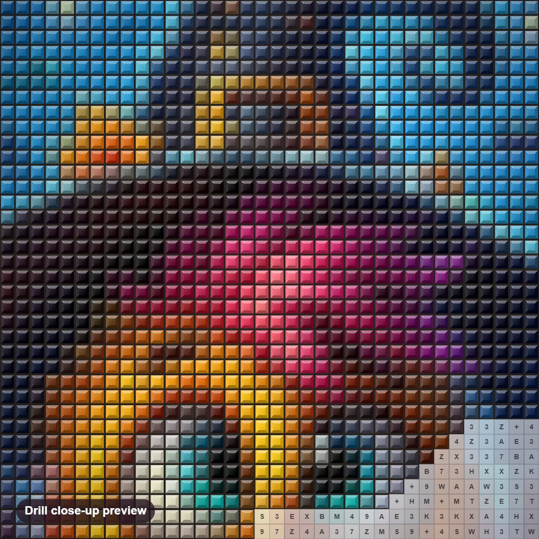Close-up preview of the Cute Owl in Witch Hat diamond painting with square 5D drills and printed canvas symbols