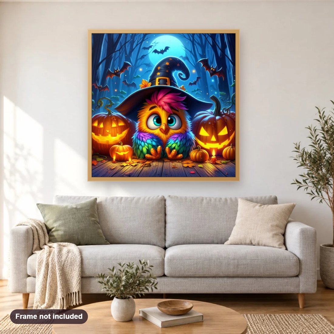 Cute Owl in Witch Hat diamond painting shown framed on a living room wall above a sofa
