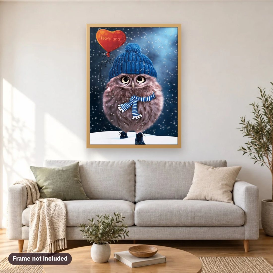 Cute Owl wearing Cap & Shoes diamond painting shown framed on a living room wall above a sofa