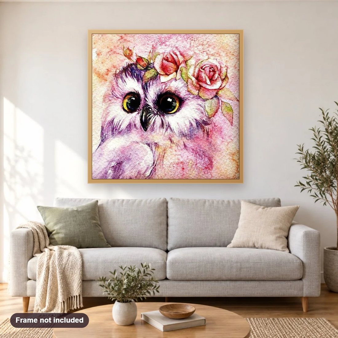 Cute Owl with Flower Crown diamond painting shown framed on a living room wall above a sofa