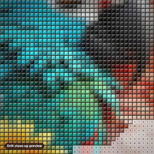 Close-up preview of the Cute Parrot & Flowers in  Soft Colors diamond painting with square 5D drills and printed canvas symbols