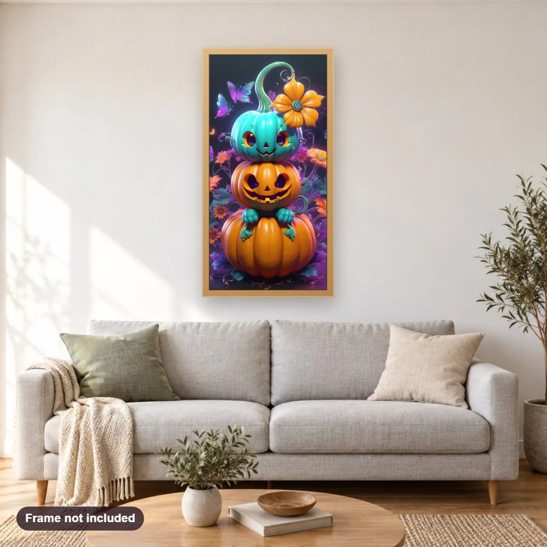Cute Pumpkins diamond painting shown framed on a living room wall above a sofa