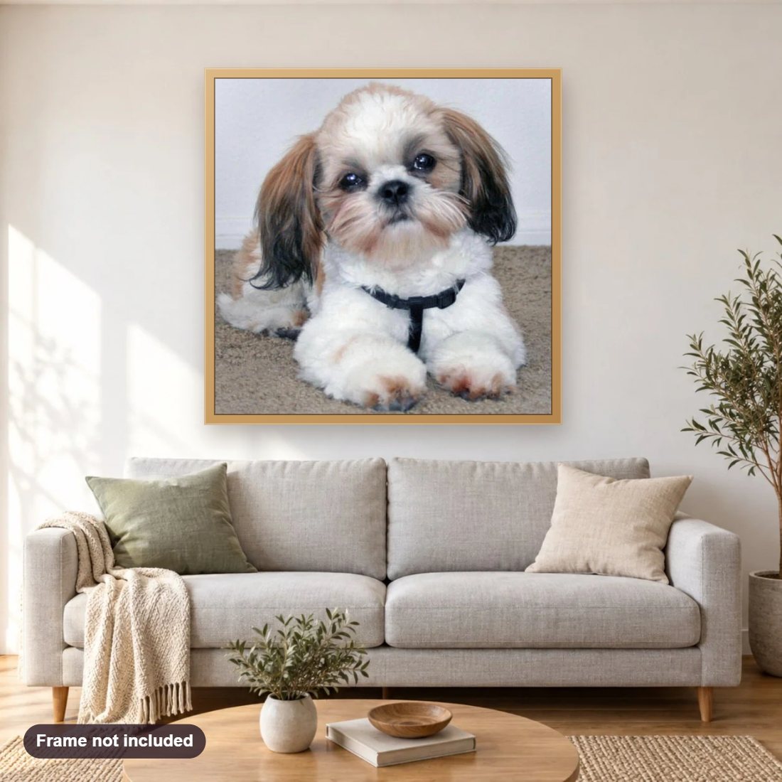 Cute Puppy diamond painting shown framed on a living room wall above a sofa