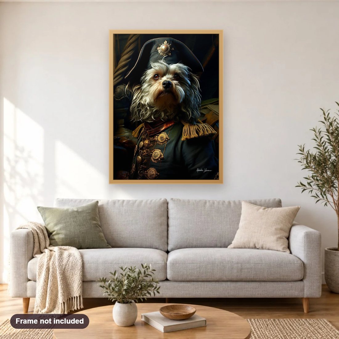 Cute Puppy Dog Wearing a Regal Dress diamond painting shown framed on a living room wall above a sofa