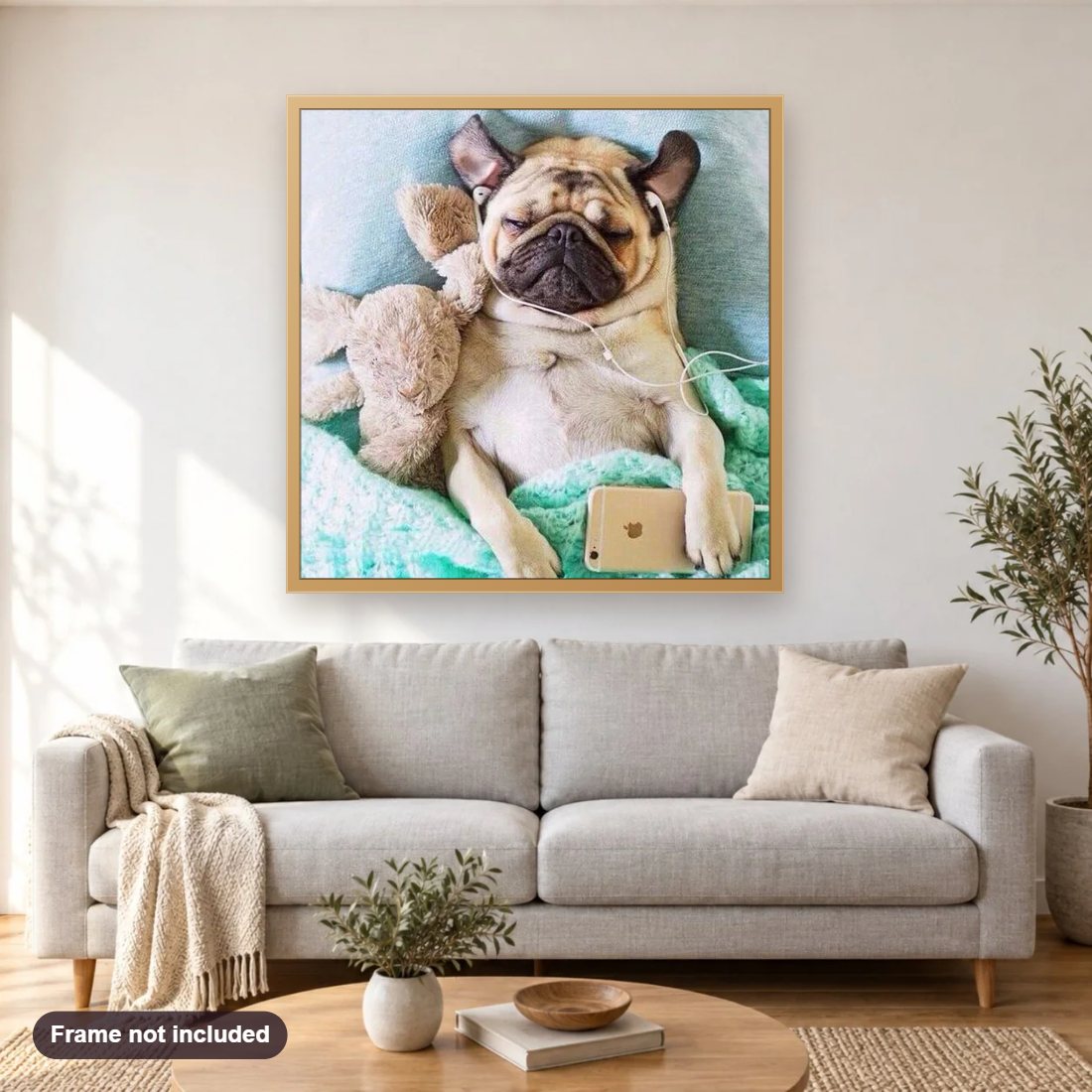 Cute Puppy Listening Music diamond painting shown framed on a living room wall above a sofa