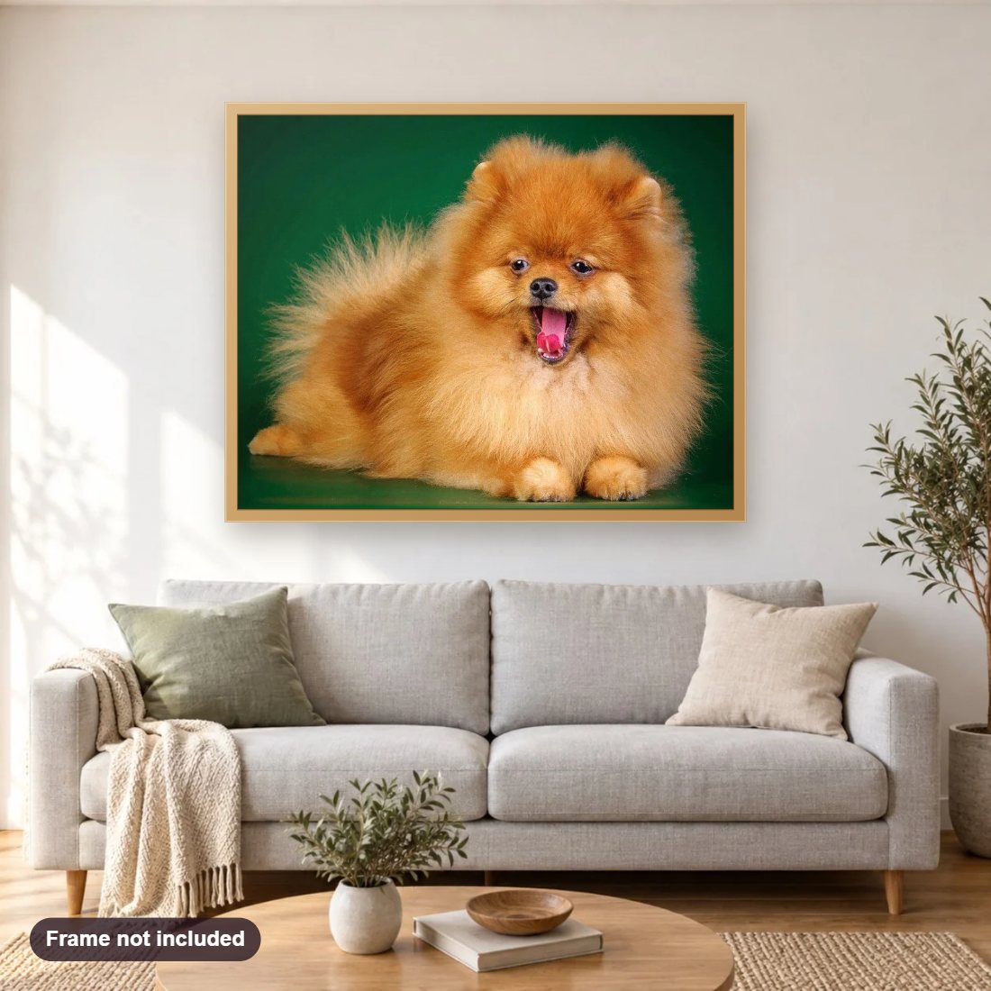 Cute Puppy Yawning diamond painting shown framed on a living room wall above a sofa
