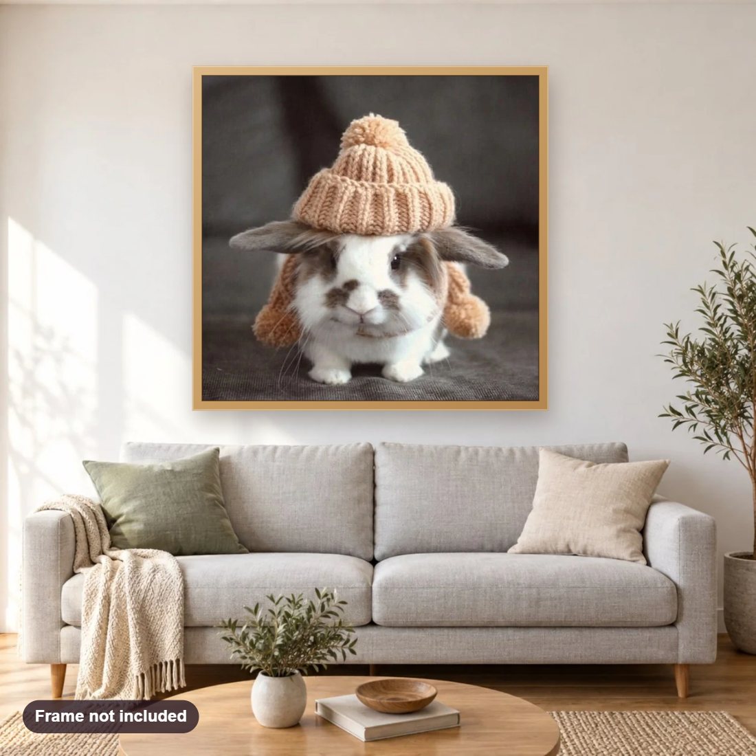Cute Rabbit Wearing Cap diamond painting shown framed on a living room wall above a sofa