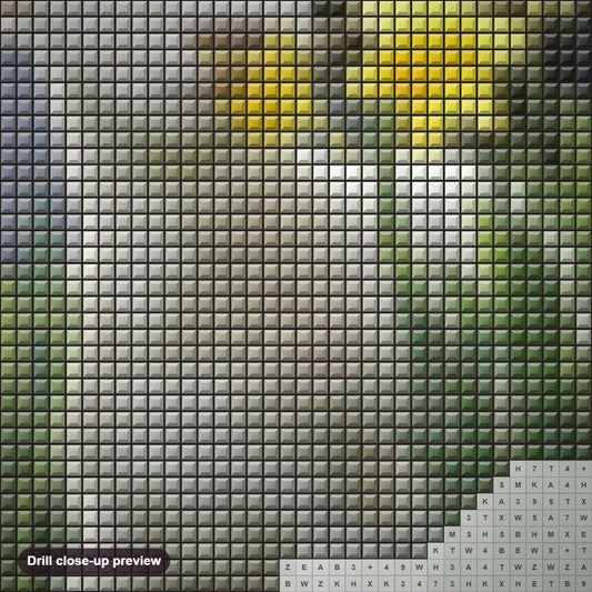 Close-up preview of the Cute Sheep Sniffing Flowers diamond painting with square 5D drills and printed canvas symbols