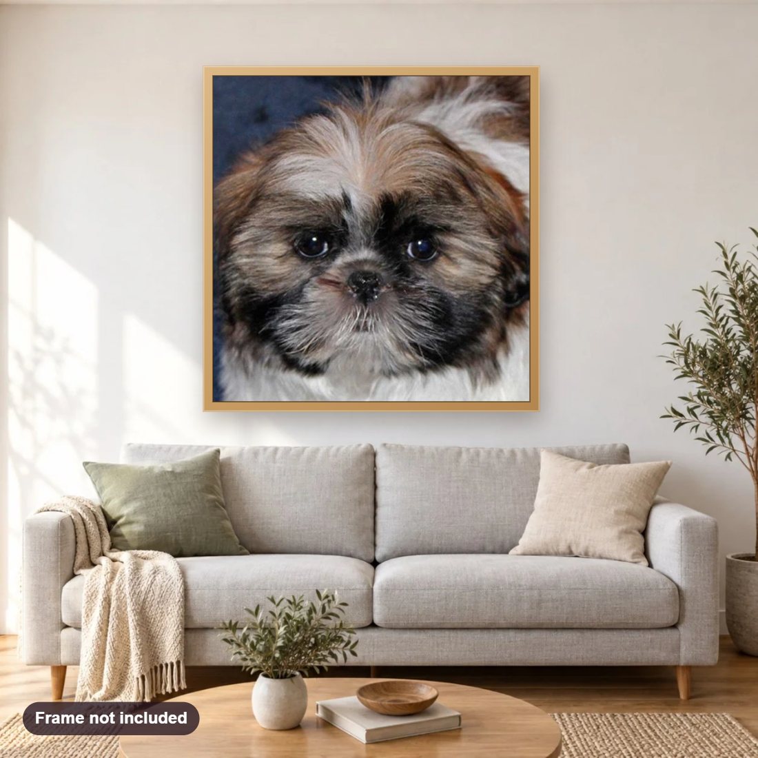 Cute Shih Tzu Dog diamond painting shown framed on a living room wall above a sofa