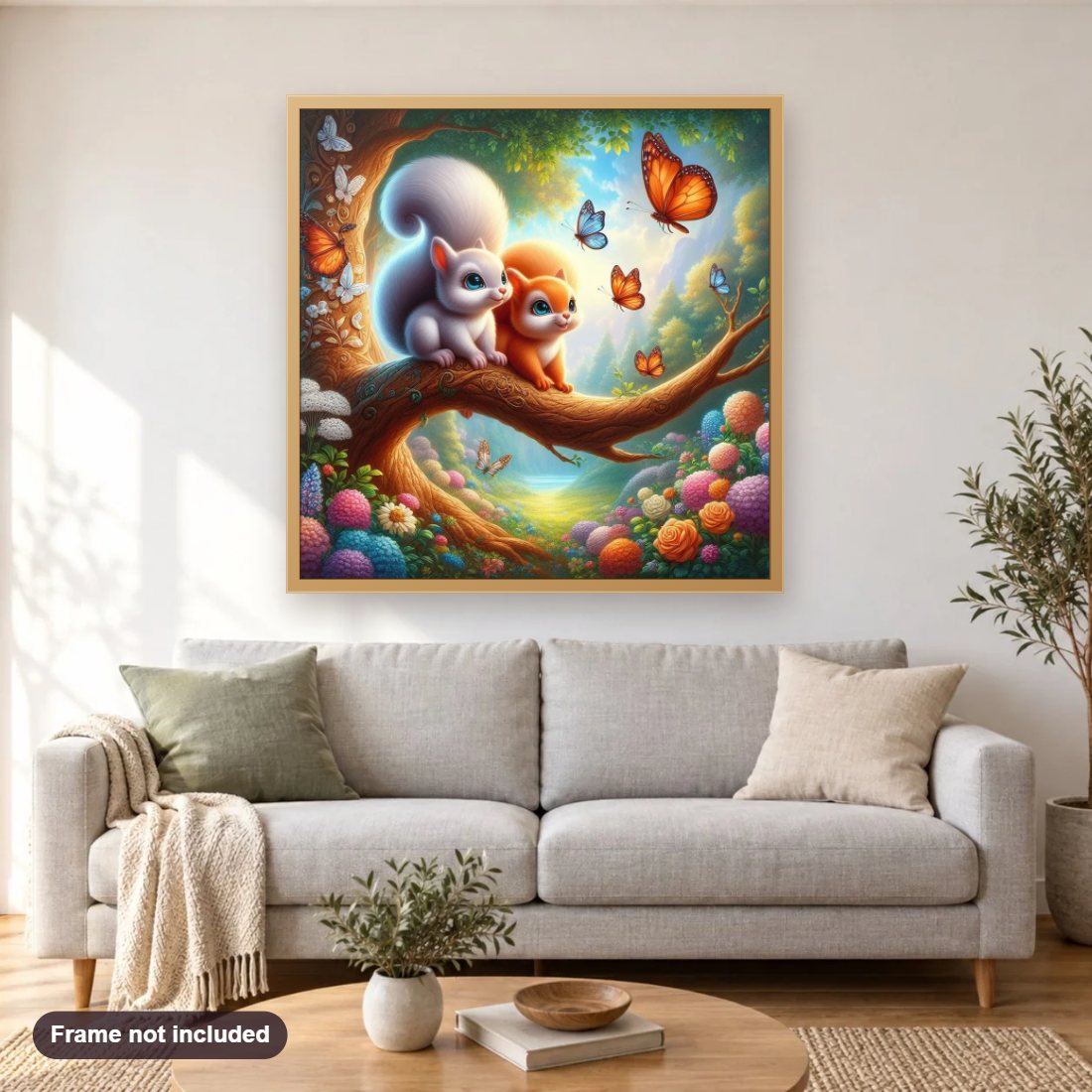 Cute Squirrel in a Beautiful Woodland diamond painting shown framed on a living room wall above a sofa