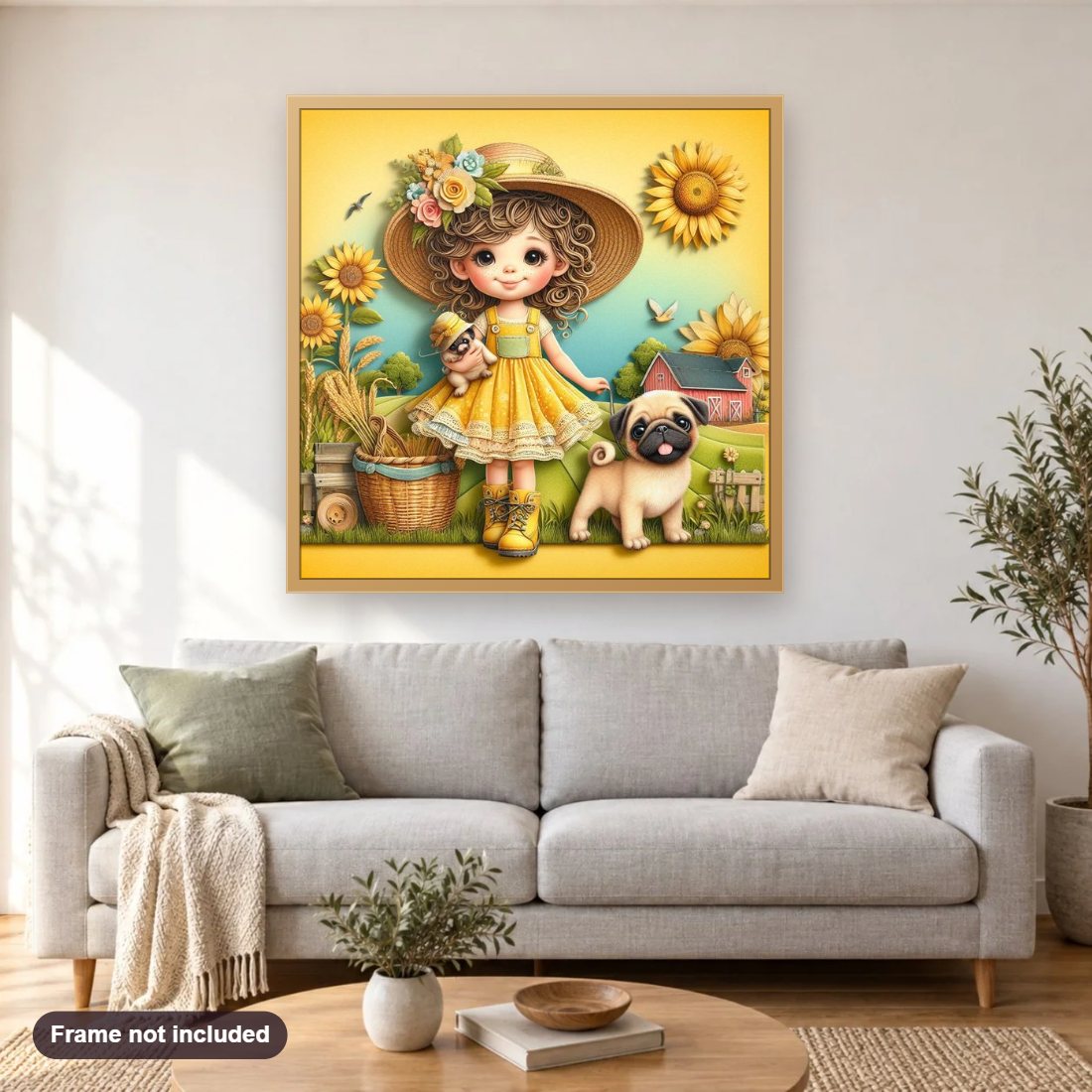 Cute Summer Girl & Her Dog diamond painting shown framed on a living room wall above a sofa