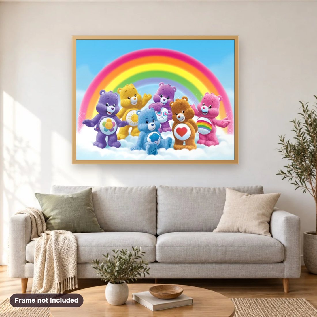 Cute Teddy Bears diamond painting shown framed on a living room wall above a sofa