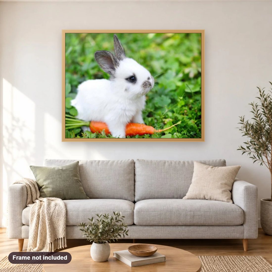 Cute White Baby Rabbit diamond painting shown framed on a living room wall above a sofa