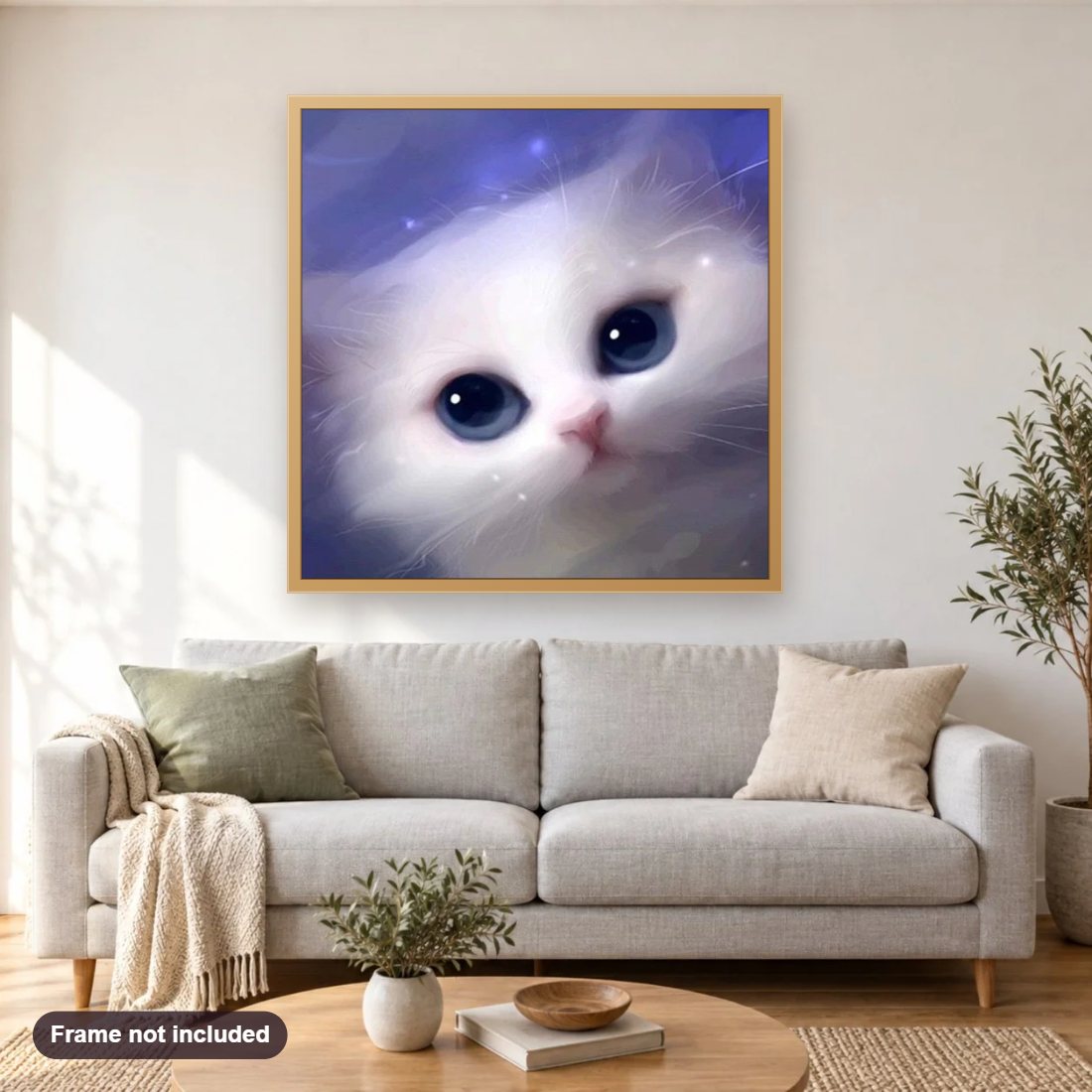 Cute White Cat with Blue Eyes diamond painting shown framed on a living room wall above a sofa