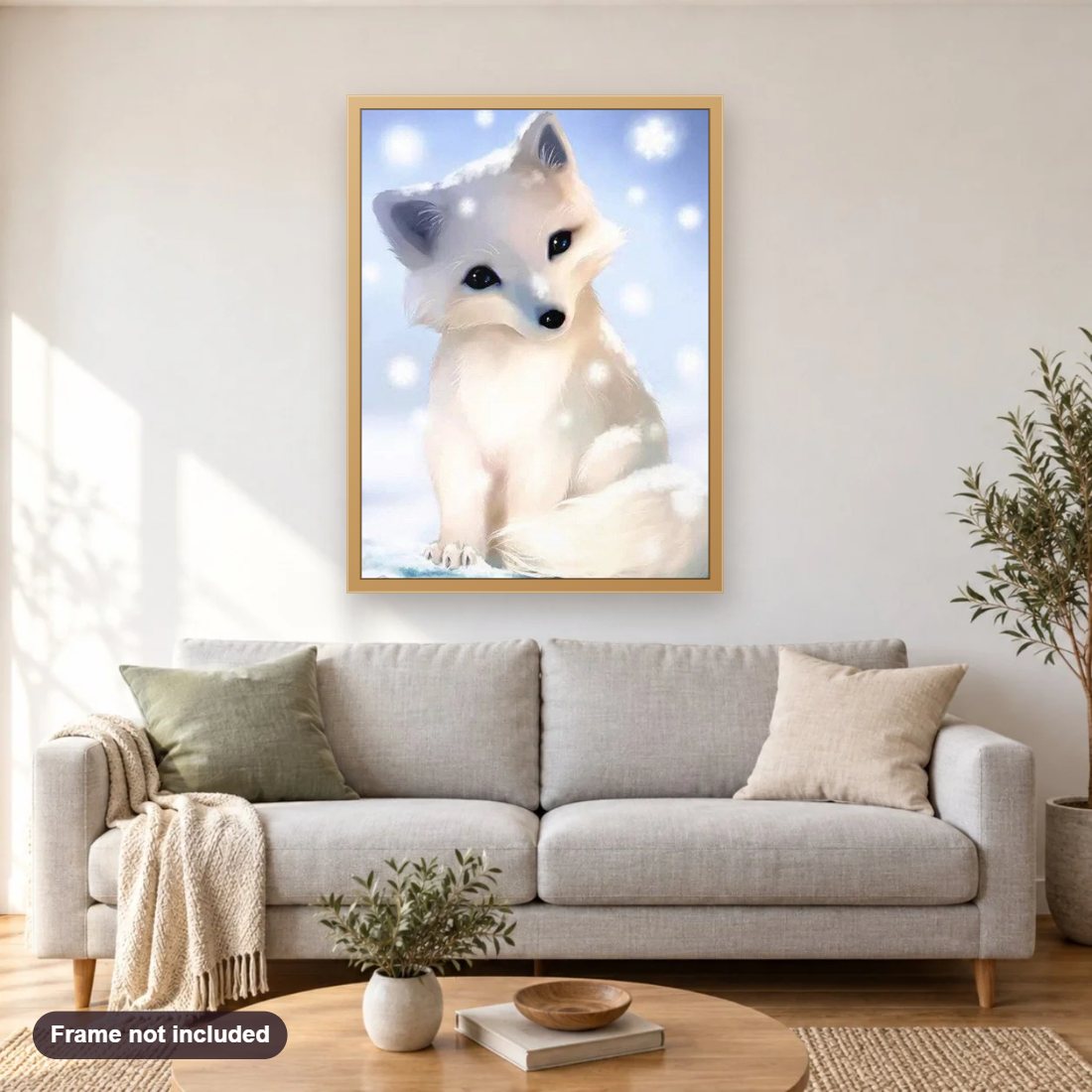 Cute White Fox diamond painting shown framed on a living room wall above a sofa