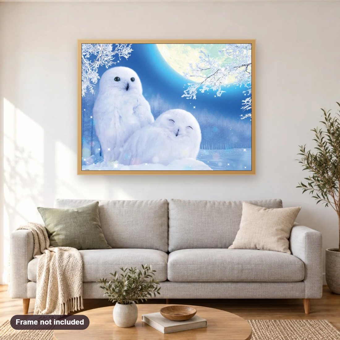 Cute White Owls Pair diamond painting shown framed on a living room wall above a sofa