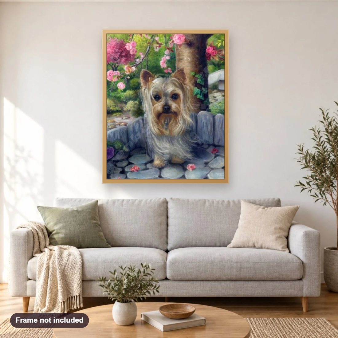 Cute Yorkshire Terrier diamond painting shown framed on a living room wall above a sofa