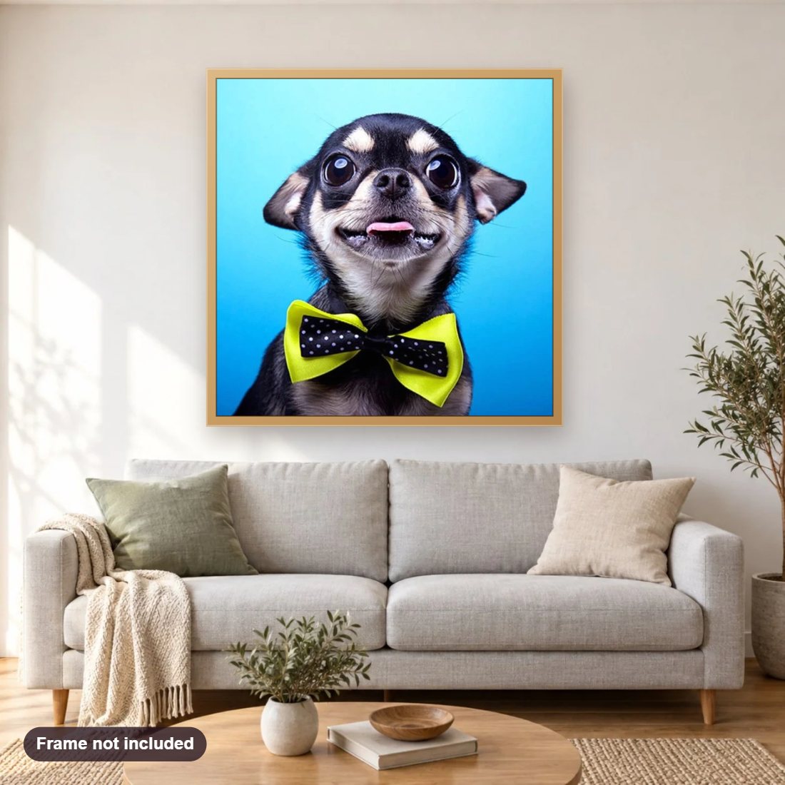 Cutest Chihuahua with a Bow Tie diamond painting shown framed on a living room wall above a sofa