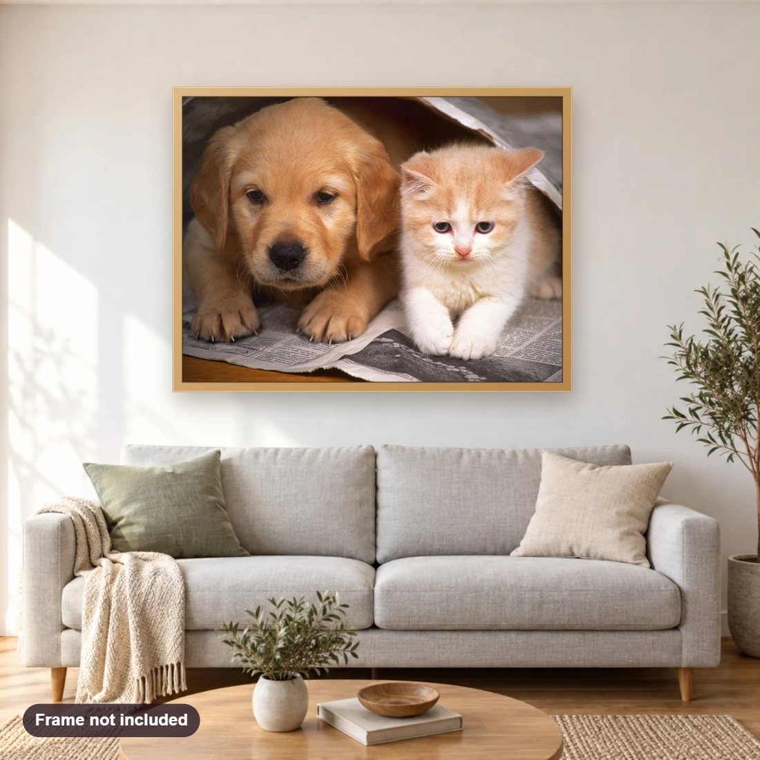 Cutest Dog & Cat diamond painting shown framed on a living room wall above a sofa