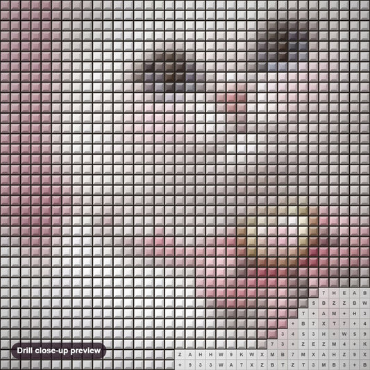 Close-up preview of the Cutie White Kitty diamond painting with square 5D drills and printed canvas symbols