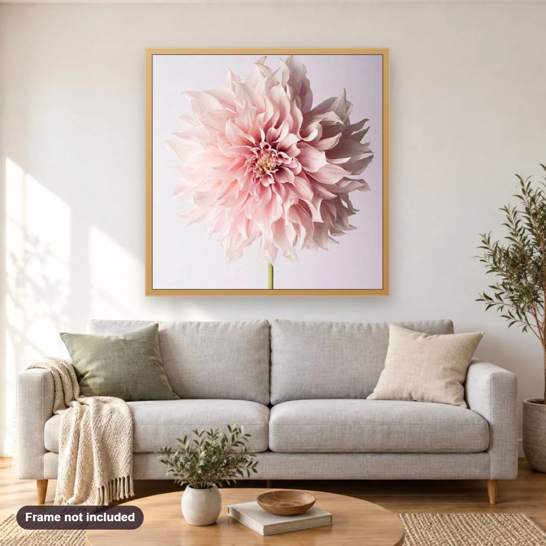 Dahlia Flower diamond painting shown framed on a living room wall above a sofa