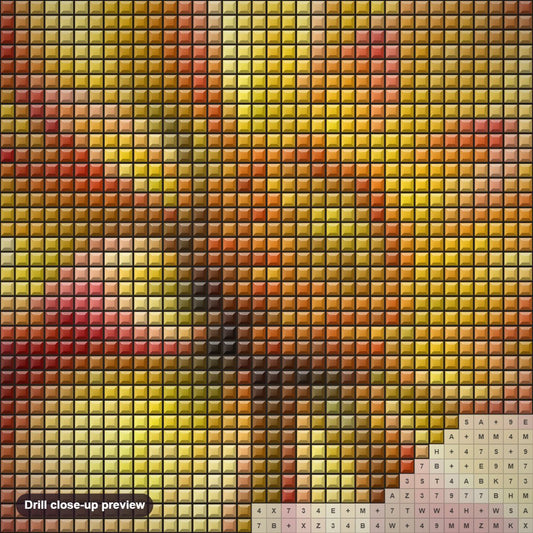 Close-up preview of the Dahlia in the Rain diamond painting with square 5D drills and printed canvas symbols