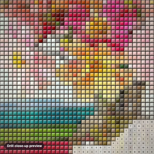 Close-up preview of the Dahlias And Colorful Books diamond painting with square 5D drills and printed canvas symbols