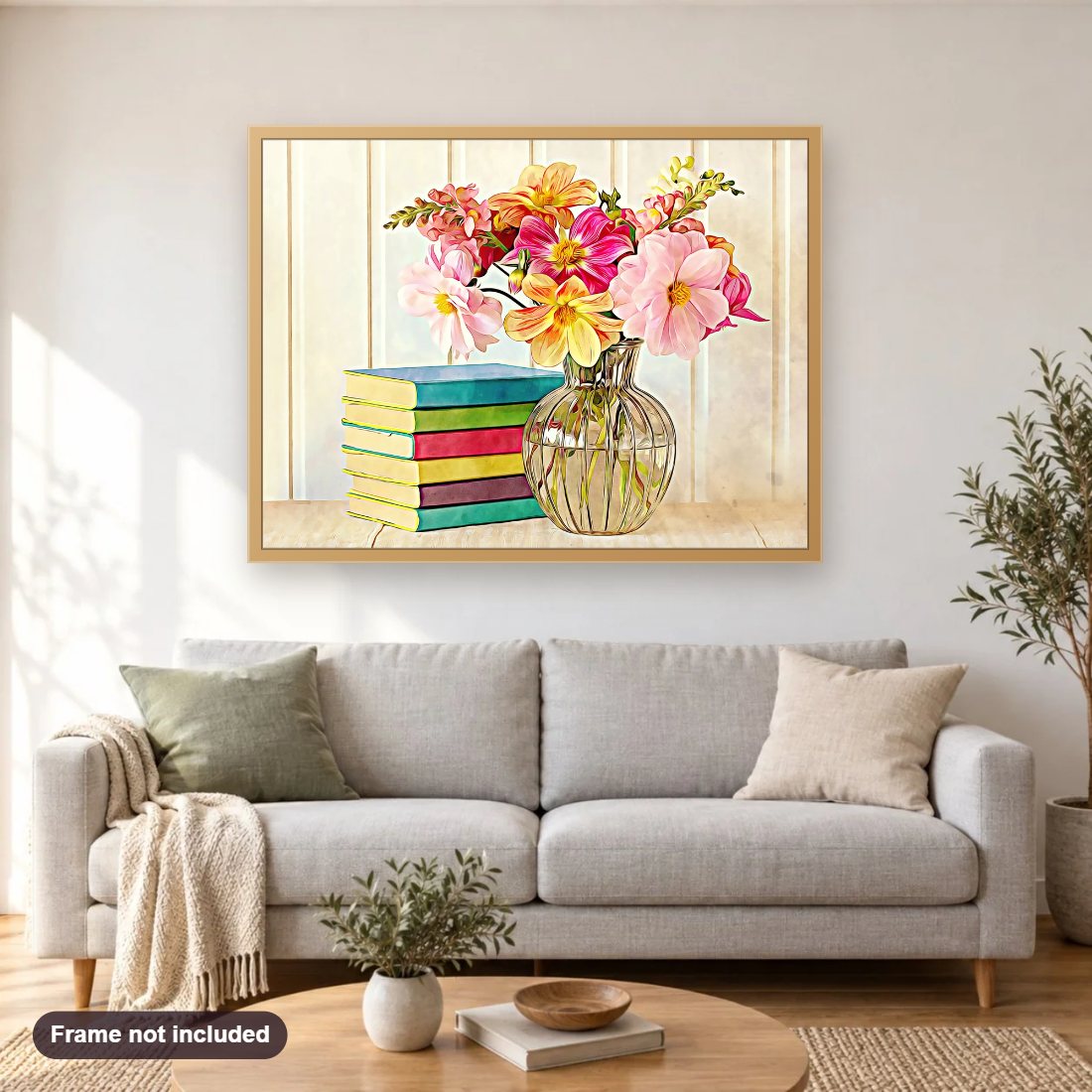 Dahlias And Colorful Books diamond painting shown framed on a living room wall above a sofa