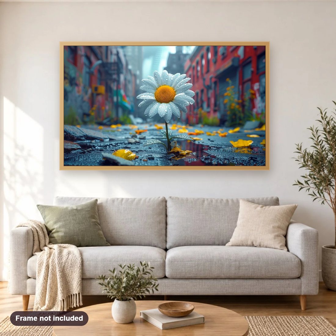 Daisy Flower With Rain Drops diamond painting shown framed on a living room wall above a sofa