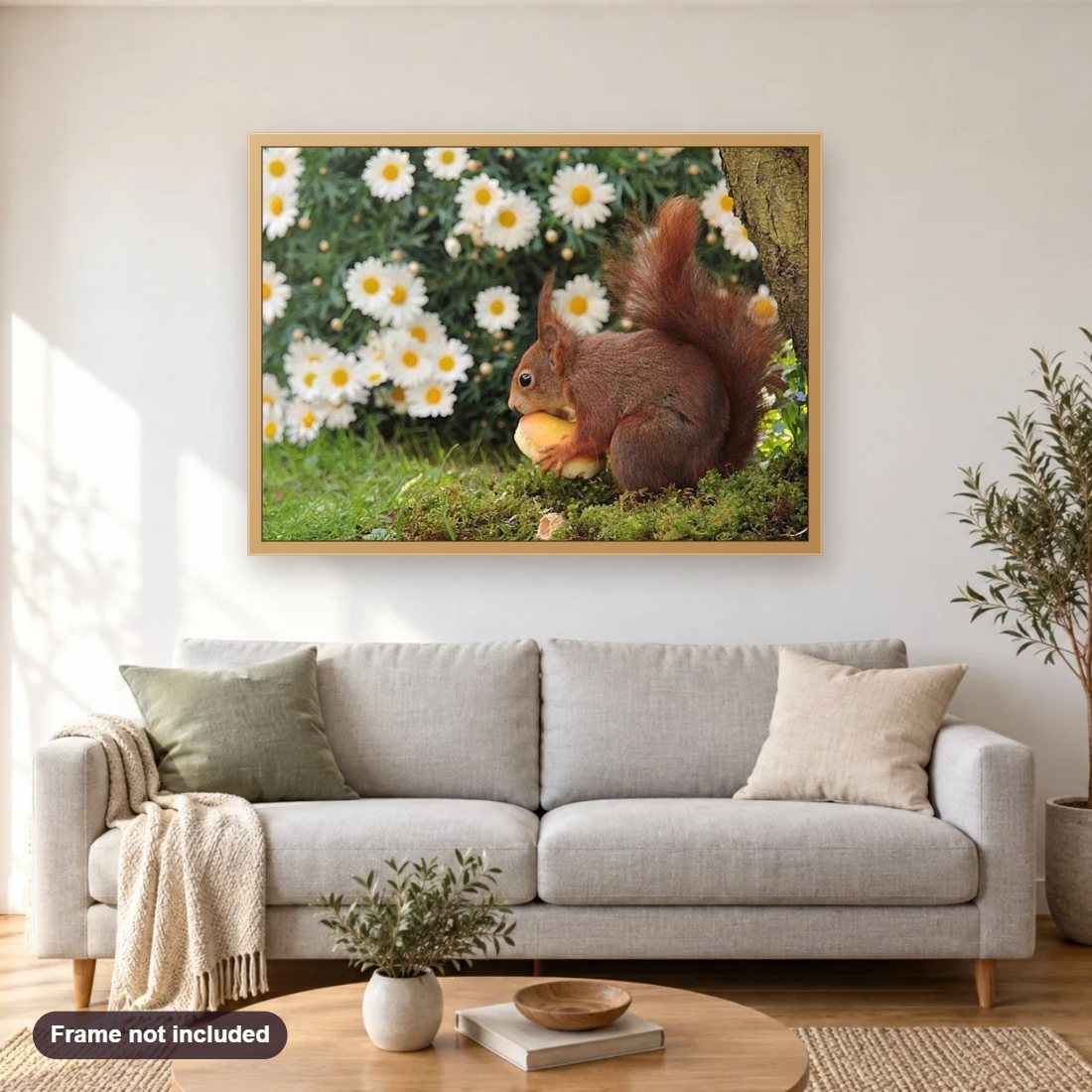 Daisy Flowers & Squirrels diamond painting shown framed on a living room wall above a sofa