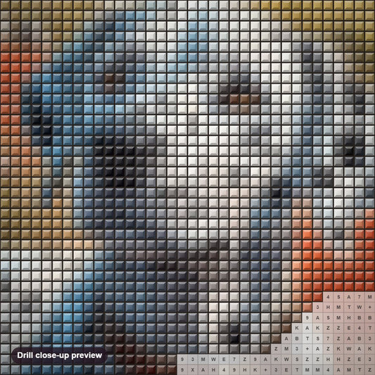 Close-up preview of the Dalmatian, Dashing and Dotted diamond painting with square 5D drills and printed canvas symbols
