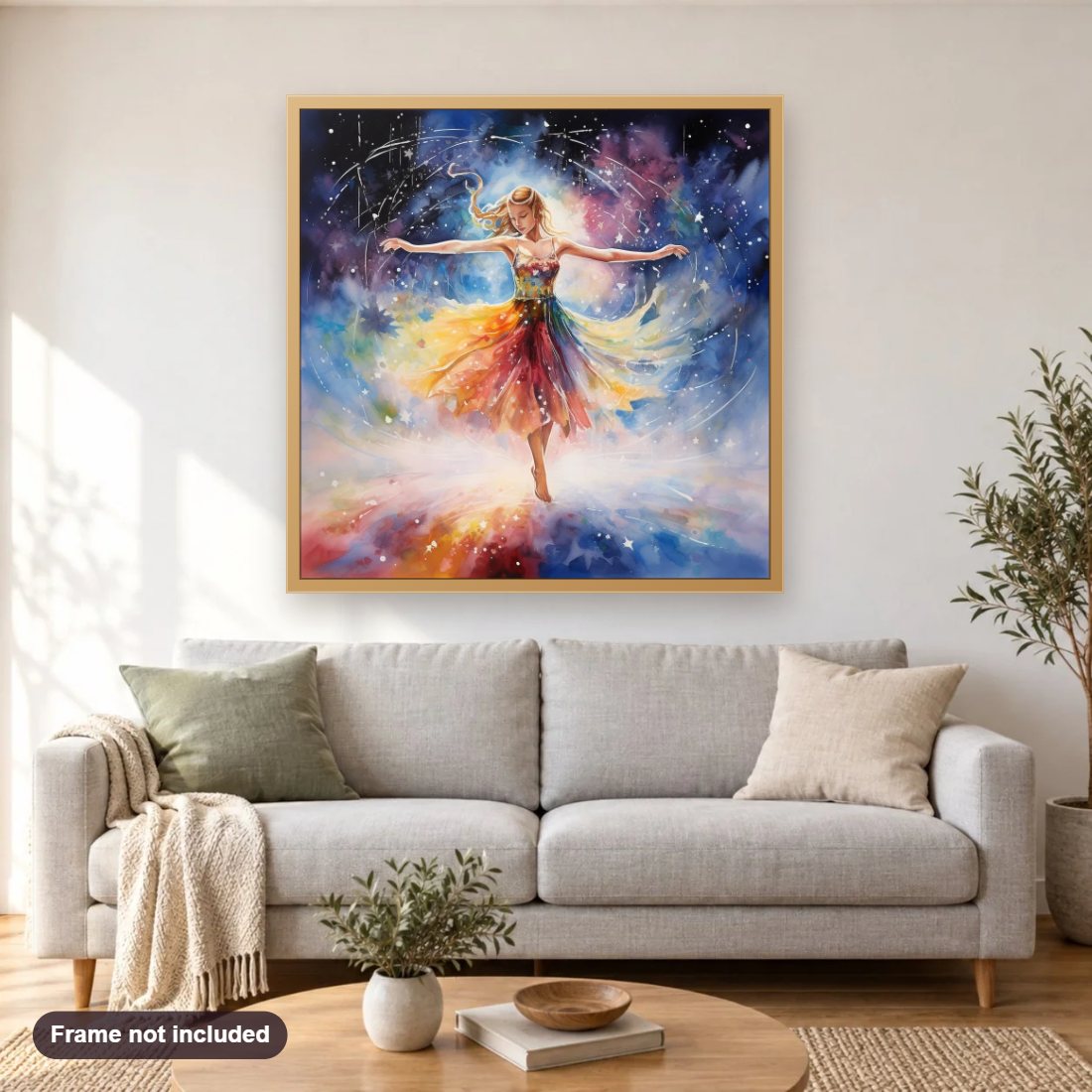 Dancing on My Toe diamond painting shown framed on a living room wall above a sofa