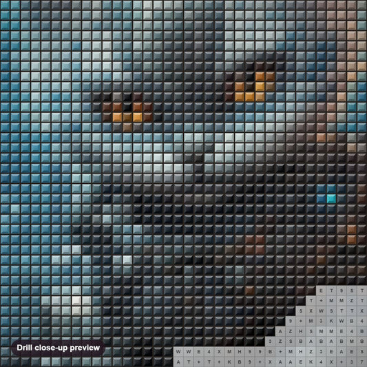 Close-up preview of the Dapper Kitty in a Vest diamond painting with square 5D drills and printed canvas symbols