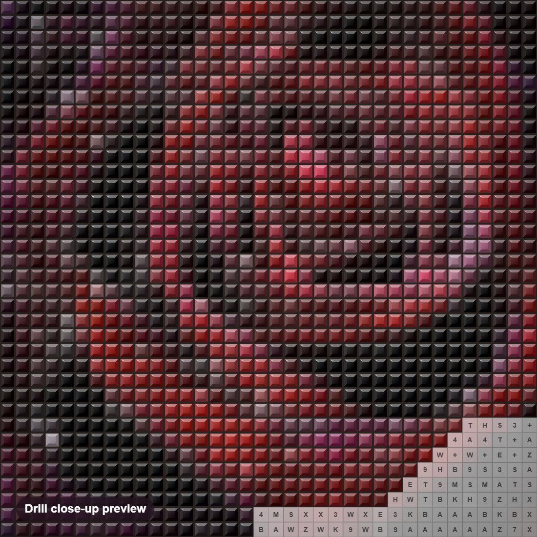 Close-up preview of the Dark Red Rose with Water Drops diamond painting with square 5D drills and printed canvas symbols